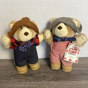 Vintage 1986 Furskins Bears Set Of 2 Dudley & Farrell Wendy's 7" Plush Teddies